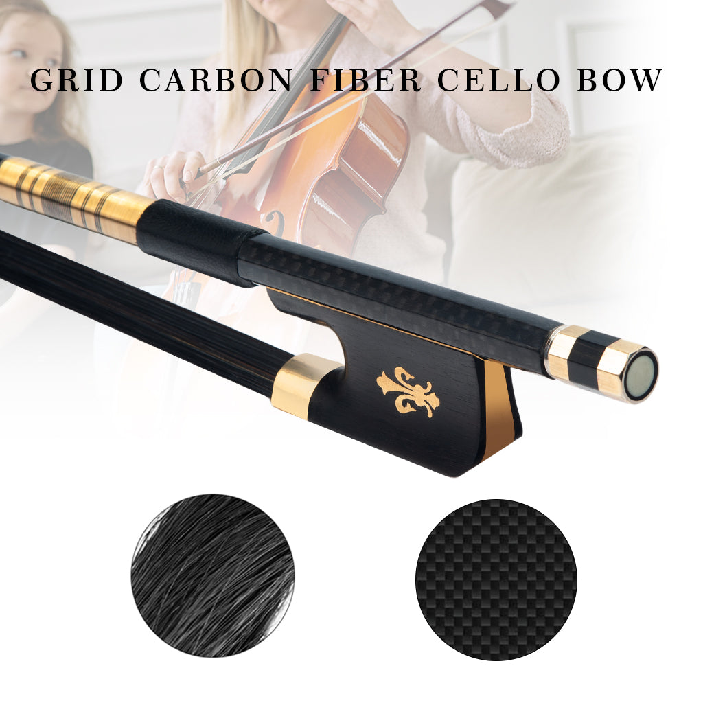 NAOM 4/4 Size Grid Carbon Fiber Cello Bow Ebony Frog Fleur-de-lys Black Hair Straight Stiff Arco De Cellos