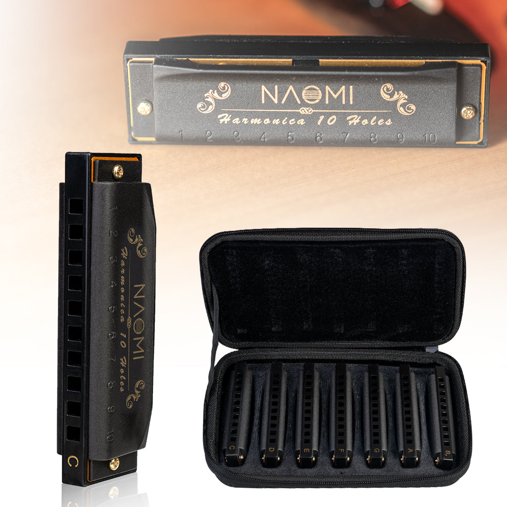 NAOMI SET 7PCS Piedmont Blues Harmonica 10 Holes Key Of C Harp With Case Mini Harmonica