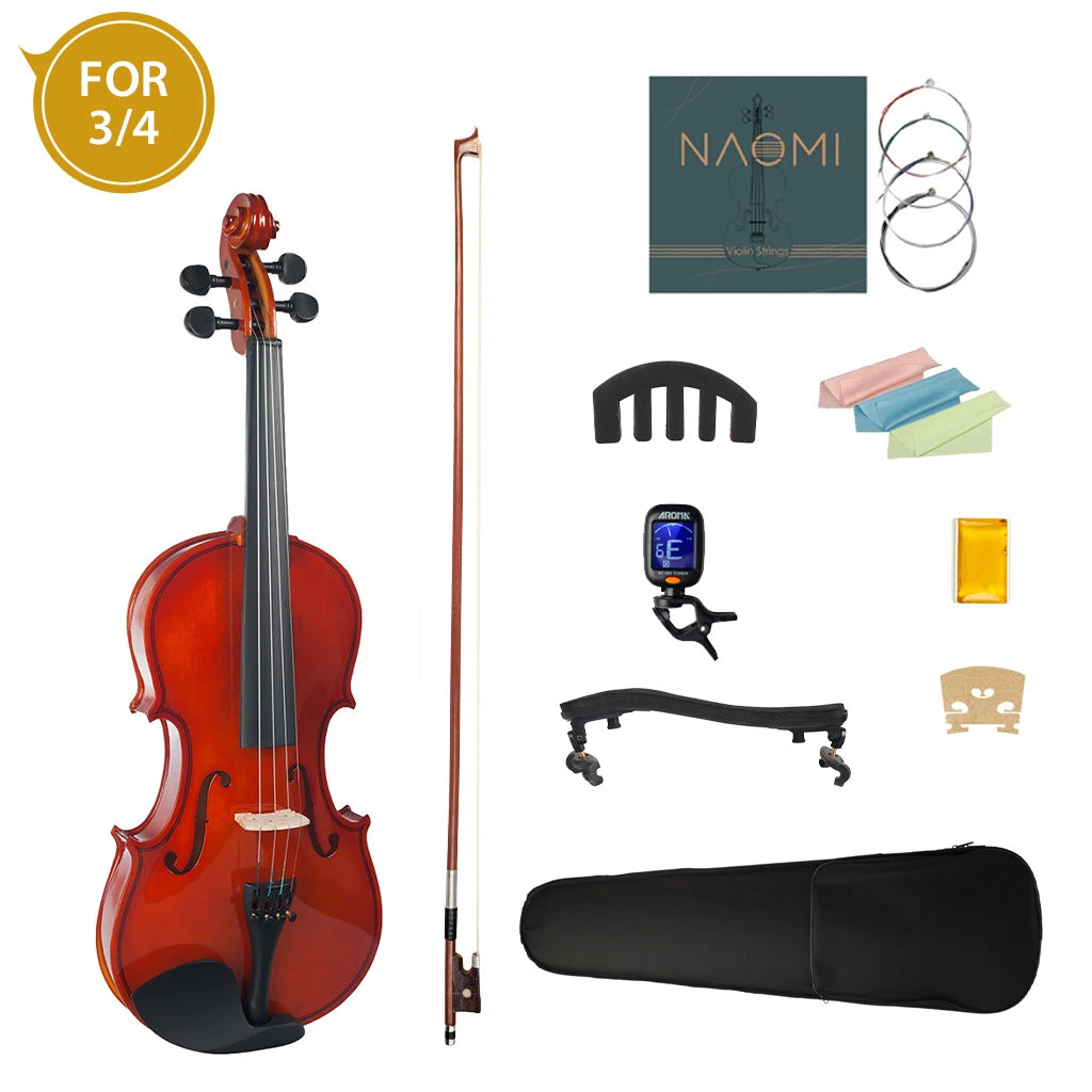 NAOMI Acoustic Violin Set Size 4/4-1/8 Basswood Body Black Solidwood Fittings w/ Violin Case+Shoulder Rest+Mute+Rosin+Strings