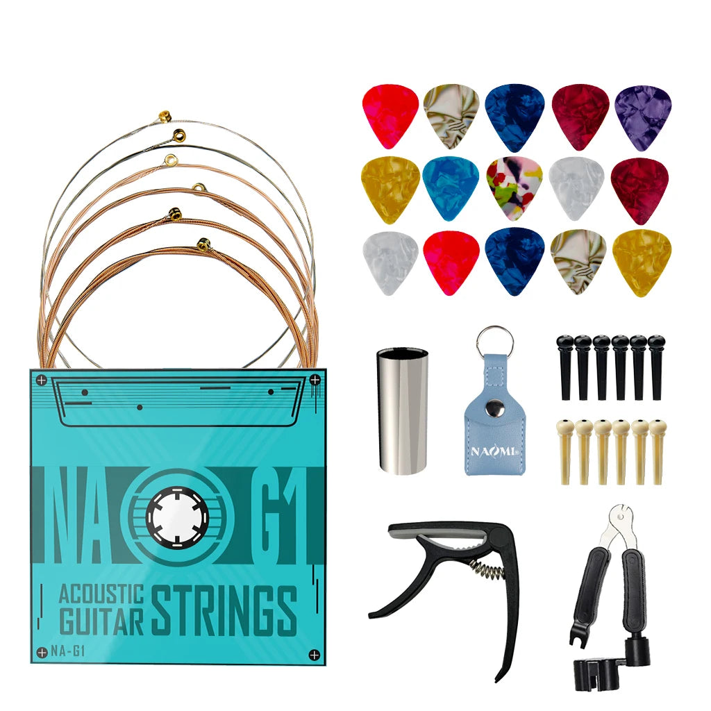 NAOMI Guitar Accessories Kit Include Acoustic Guitar Strings Capo 3-in-1 Restring Tool Picks Pick Holder Bridge Pins Guitar Slide