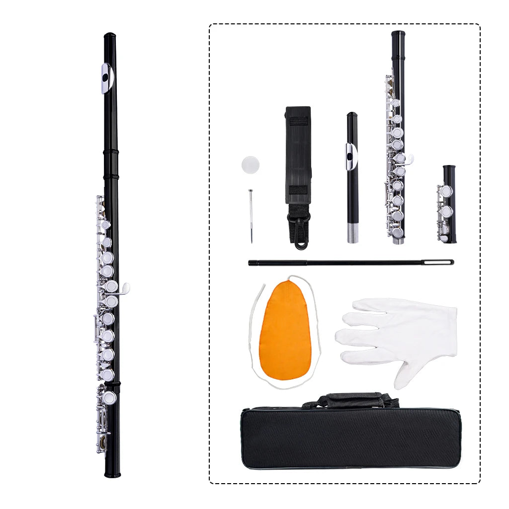 NAOMI Hole C Flute 16 Keys Cupronickel Nickel-plated Wind Instrument Leather Flute Carring Bag Flute Stand Flute Pads Set