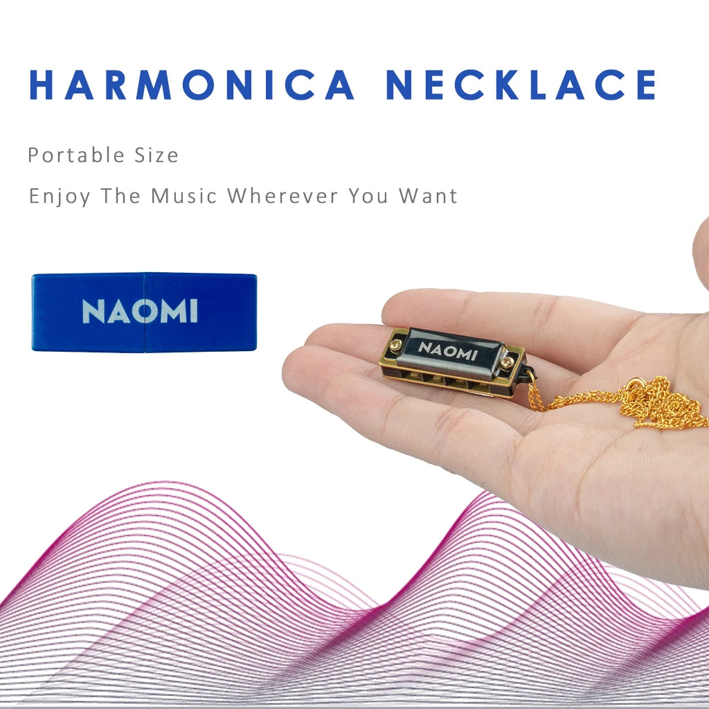 NAOMI Mini Harmonica In Key of C 4 Holes Stainless Steel Cover Brass Reed Really Plays Harmonica W/Necklace In Box