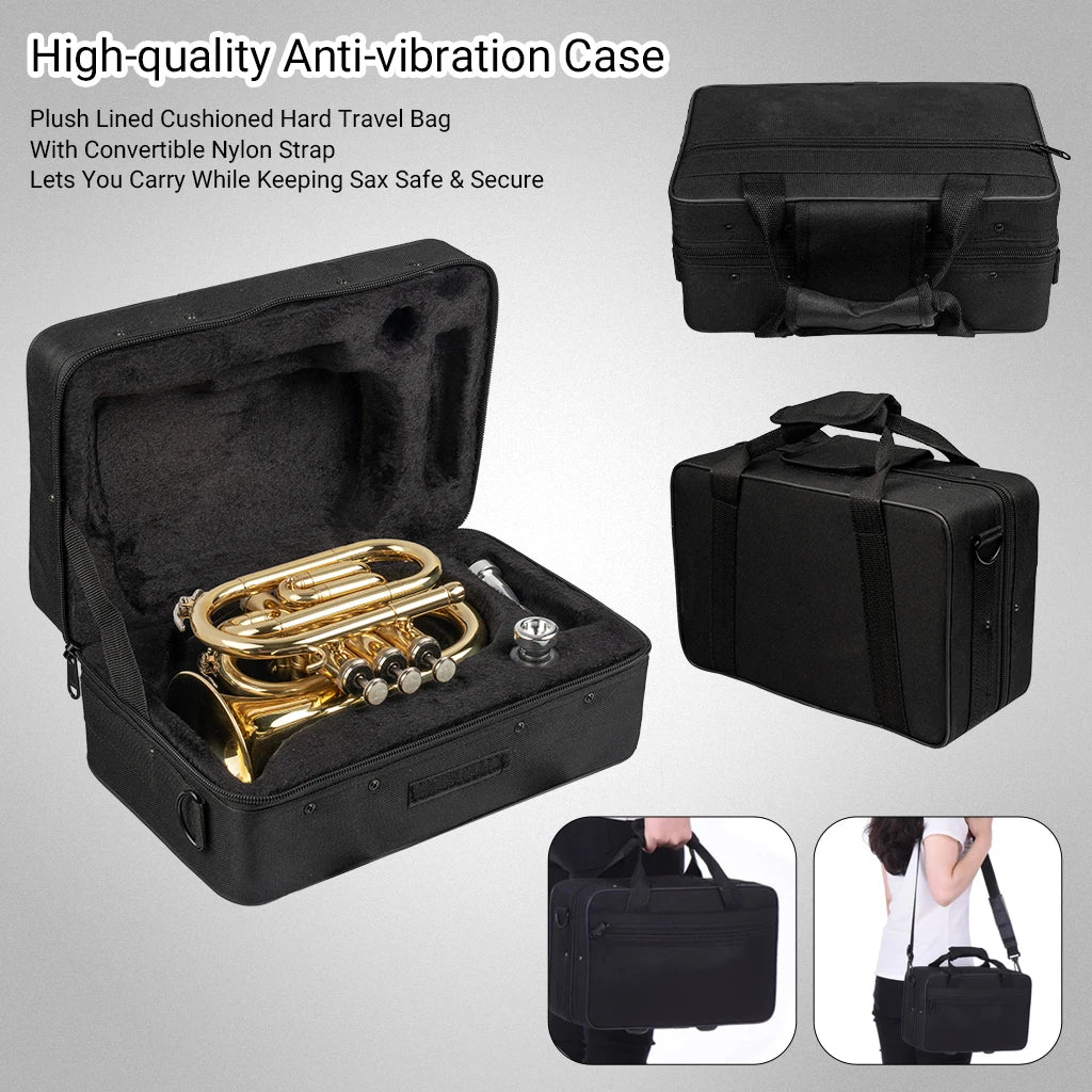 NAOMI Mini Pocket Trumpet Flat B Bb Brass Wind Instrument Travel Trumpet with Quality Lacquer Finish Exclusive Mouthpiece
