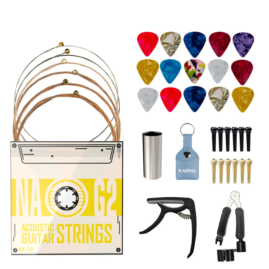 NAOMI Guitar Accessories Kit Include Acoustic Guitar Strings Capo 3-in-1 Restring Tool Picks Pick Holder Bridge Pins Guitar Slide
