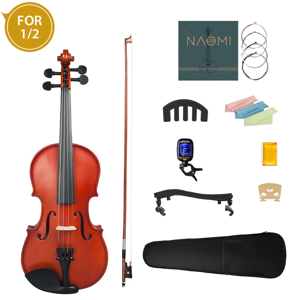 NAOMI Matte Natural Color 4/4-1/8 Acoustic Violin Set w/ Violin Strings+Case+Rosin+Tuner+Bow+Mute+Shoulder Rest+Bridge