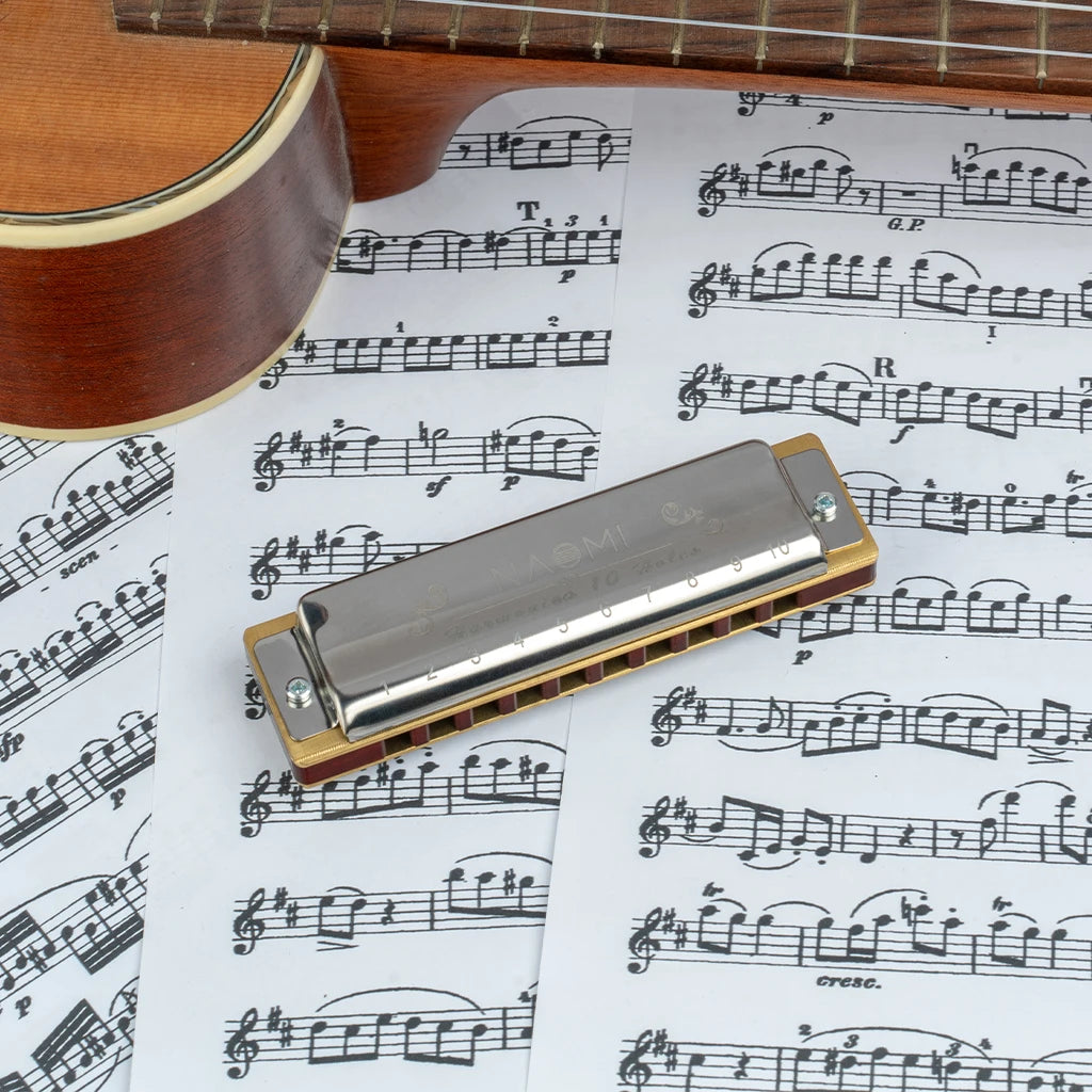 NAOMI Blues Harmonica Mouth Organ 10 Hole C Key with Case Brass Reeds Diatonic Sandalwood Harmonica