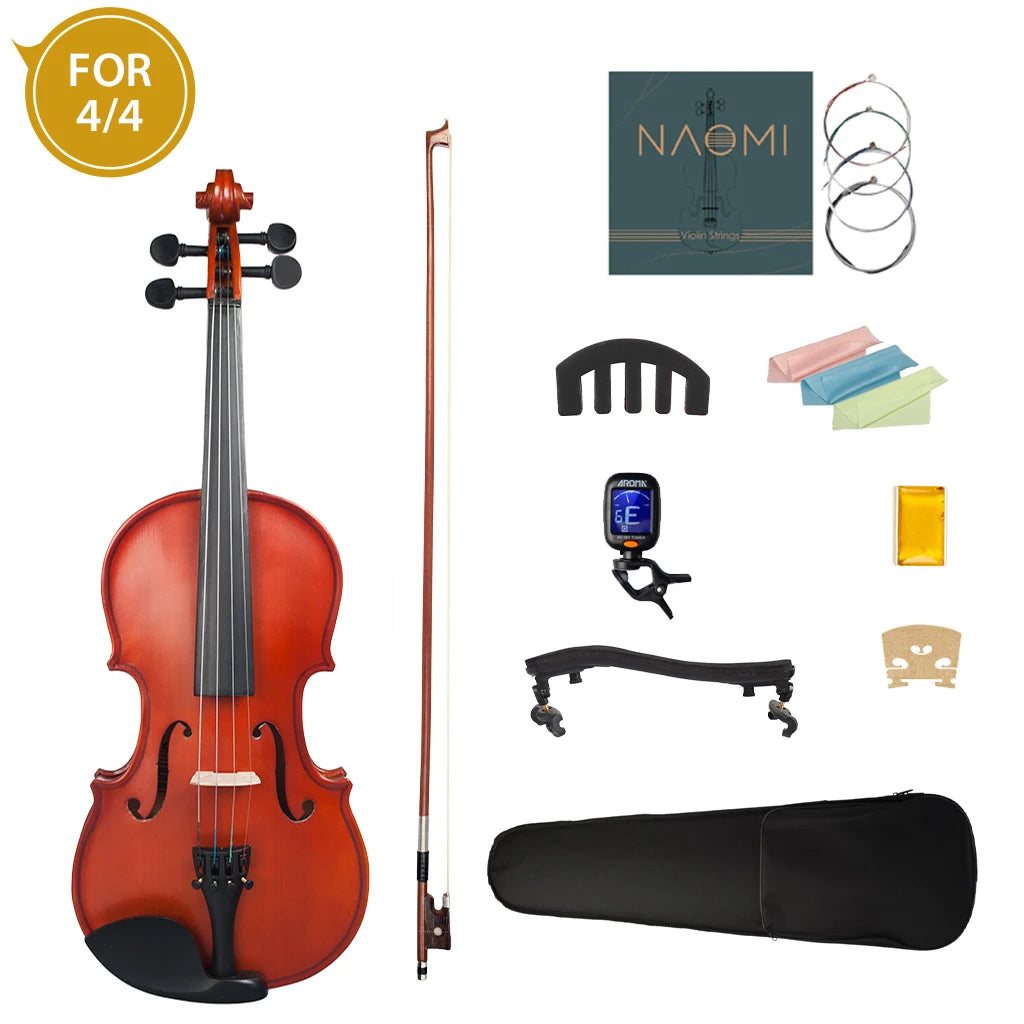 NAOMI Matte Natural Color 4/4-1/8 Acoustic Violin Set w/ Violin Strings+Case+Rosin+Tuner+Bow+Mute+Shoulder Rest+Bridge
