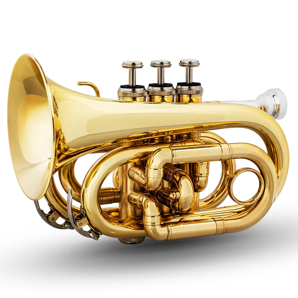 NAOMI Mini Pocket Trumpet Flat B Bb Brass Wind Instrument Travel Trumpet with Quality Lacquer Finish Exclusive Mouthpiece