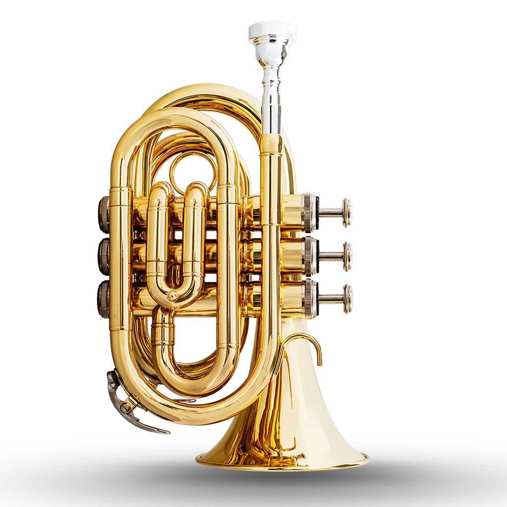 NAOMI Mini Pocket Trumpet Flat B Bb Brass Wind Instrument Travel Trumpet with Quality Lacquer Finish Exclusive Mouthpiece