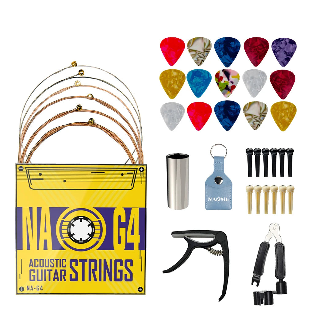 NAOMI Guitar Accessories Kit Include Acoustic Guitar Strings Capo 3-in-1 Restring Tool Picks Pick Holder Bridge Pins Guitar Slide