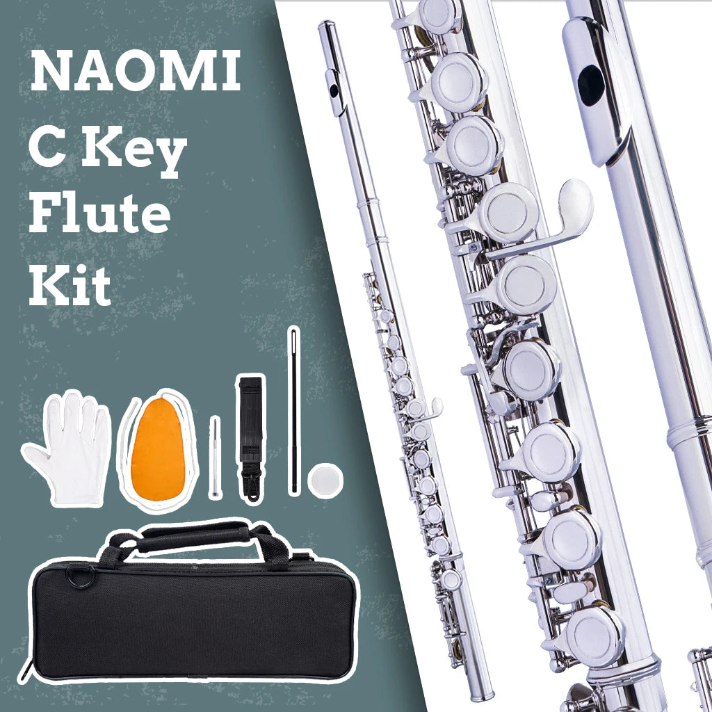 NAOMI Silver Flute 16 Holes C Key Flute Kit Cupronickel Nickel-plated Portable Leather Waterproof Flute Bag Flute Stand Flute Pads Set