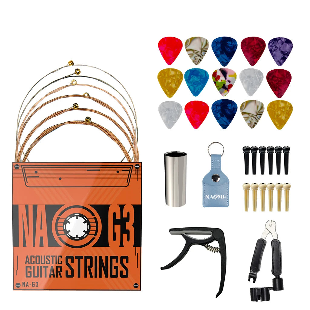 NAOMI Guitar Accessories Kit Include Acoustic Guitar Strings Capo 3-in-1 Restring Tool Picks Pick Holder Bridge Pins Guitar Slide