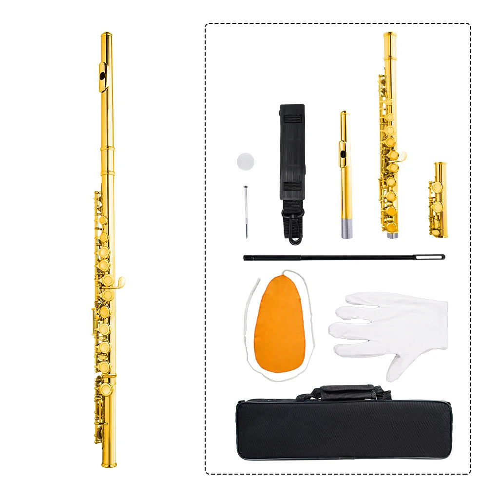 NAOMI Golden Flute 16 Holes C Key Concert Flute Cupronickel Plated Woodwind Instrument Flute Stand Pads Set Leather Bag Waterproof