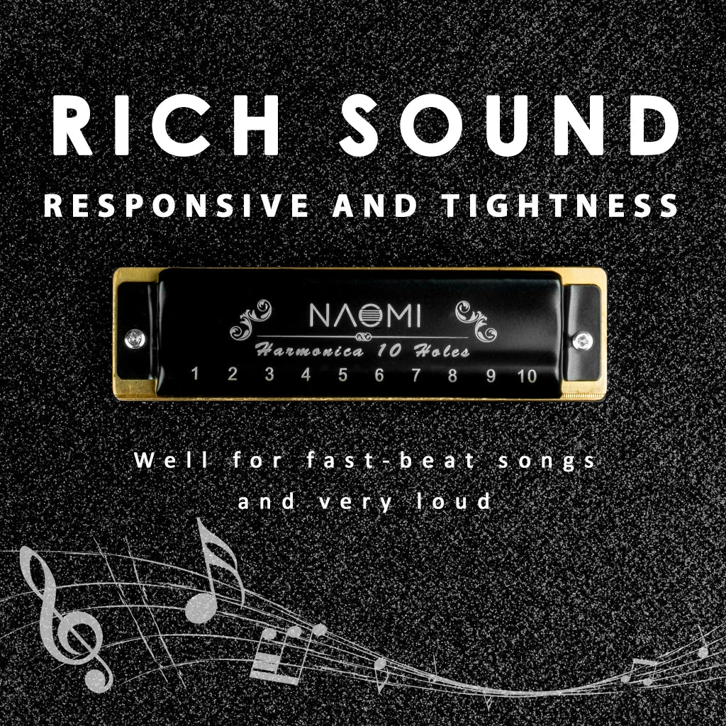 NAOMI Blues Harmonica According Key Of C 10 Holes Harmonica W/ Arcylic Comb Harmonica Black Case