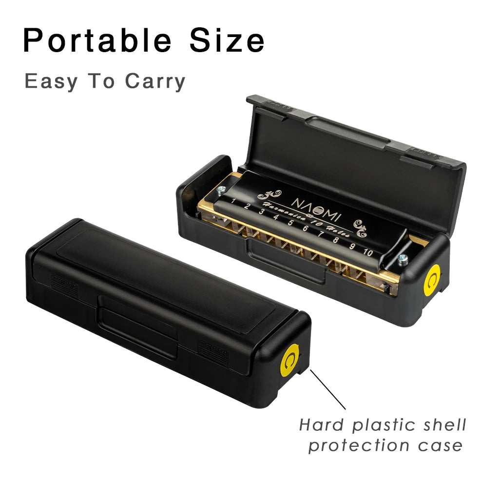 NAOMI Blues Harmonica According Key Of C 10 Holes Harmonica W/ Arcylic Comb Harmonica Black Case