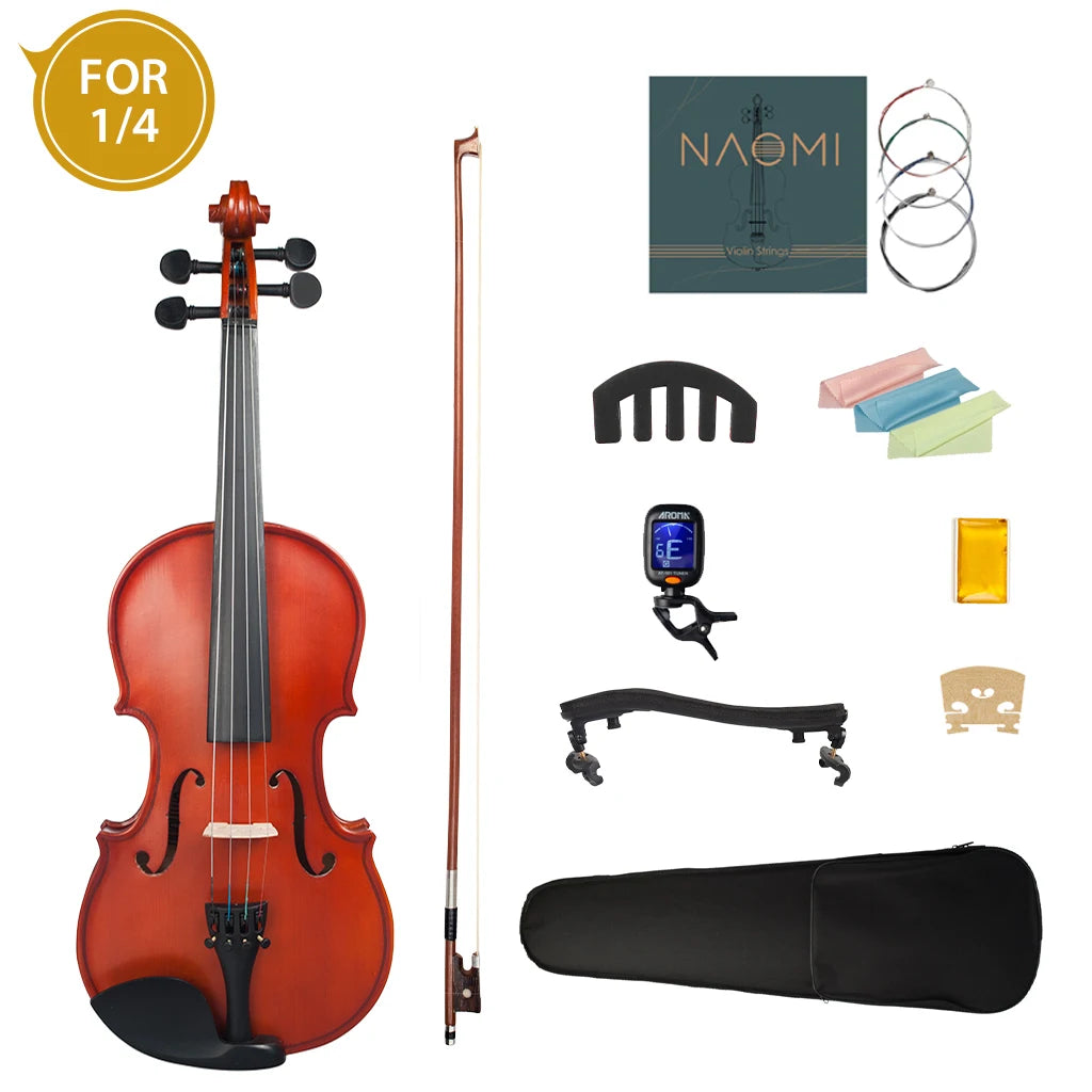 NAOMI Matte Natural Color 4/4-1/8 Acoustic Violin Set w/ Violin Strings+Case+Rosin+Tuner+Bow+Mute+Shoulder Rest+Bridge