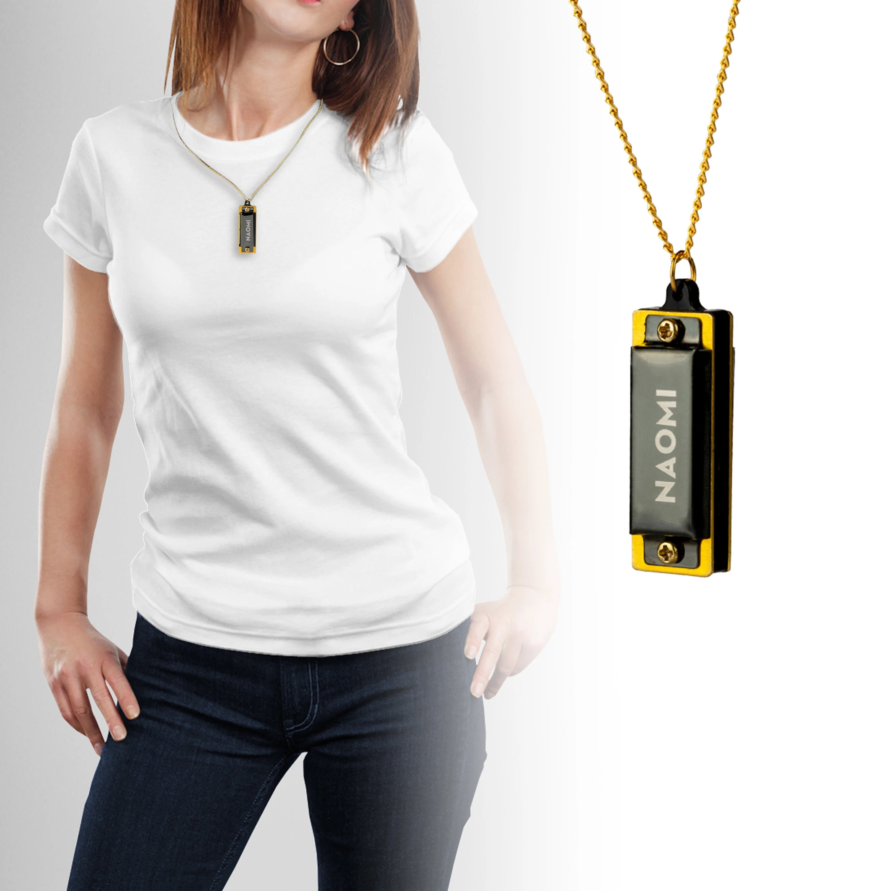 NAOMI Mini Harmonica In Key of C 4 Holes Stainless Steel Cover Brass Reed Really Plays Harmonica W/Necklace In Box