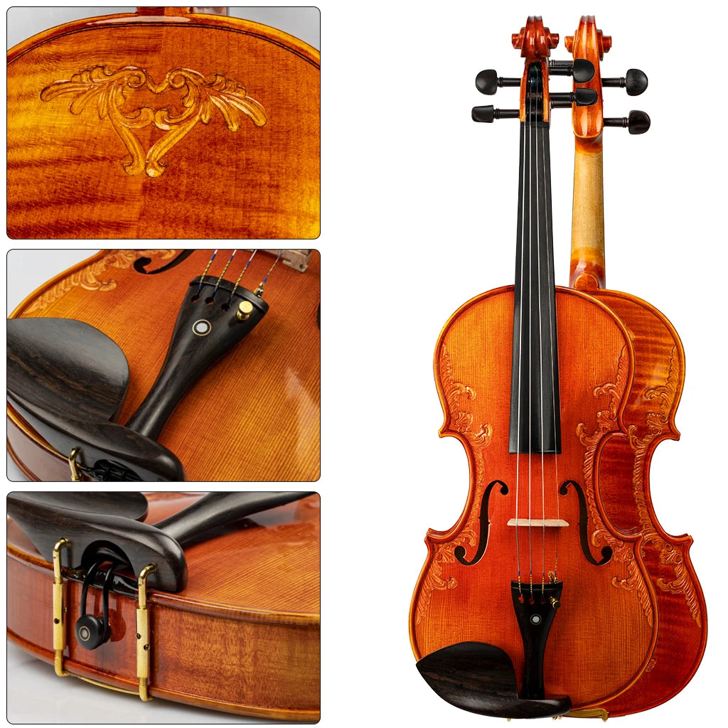 NAOMI Master Antique Strad Model Style Violin 4/4 Open Tone Selected Spruce Wood Carved Flower Rich Tone Beautiful Craftmanship SET