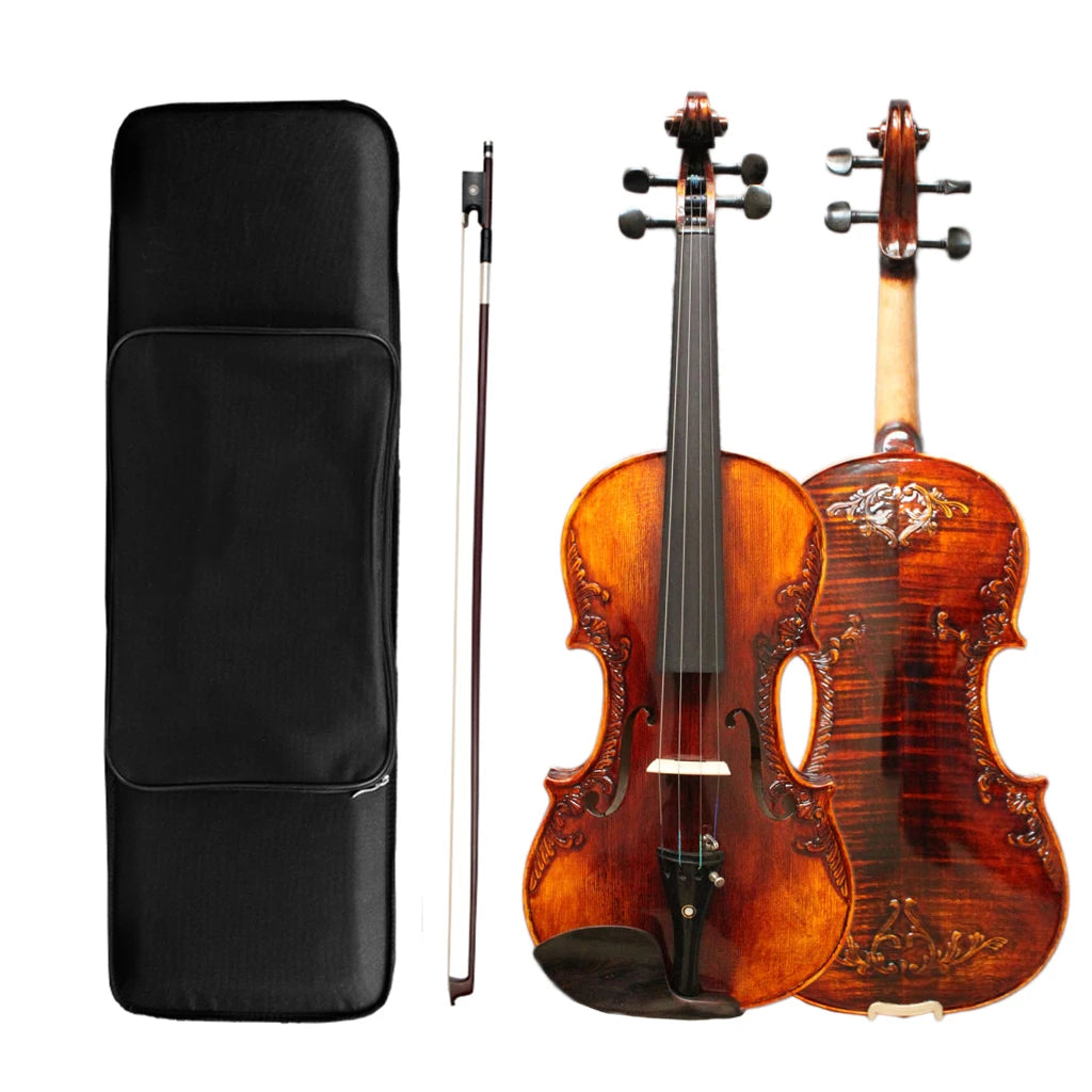 NAOMI Violin Carved Pattern Strad Style Fiddle Handmade Craft Baroque 4/4 Violin W/ Bow Bridge Strings Case Rich Tone