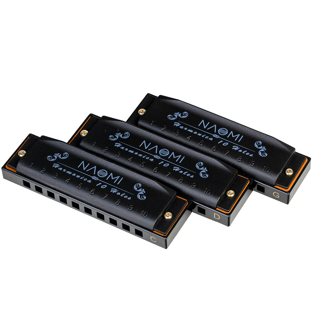 NAOMI Hoodoo Blues Harmonica 10 Holes Harmonica 3-Pack with Case C D G Tone Harmonica Set