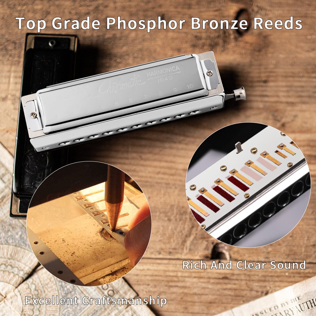 NAOMI Swan 10 Hole 40 Tone C Key Chromatic Harmonica Precision Engineered Sliding Stainless Steel Diacritical Keys