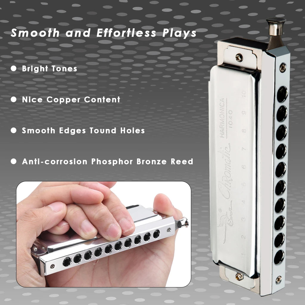 NAOMI Swan 10 Hole 40 Tone C Key Chromatic Harmonica Precision Engineered Sliding Stainless Steel Diacritical Keys